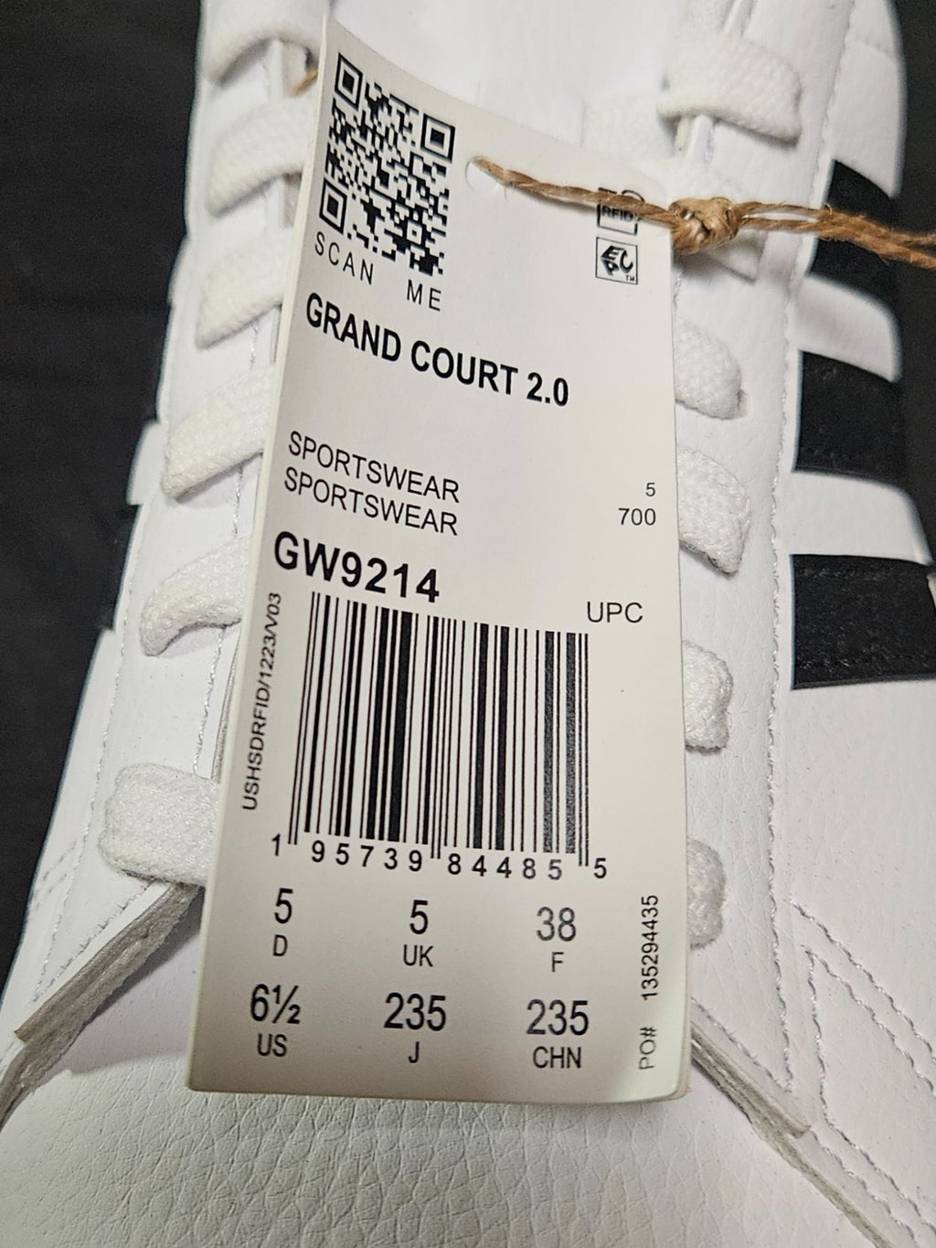 Size 6.5 - Adidas Grand Court 2.0 WHT/BLK NIB