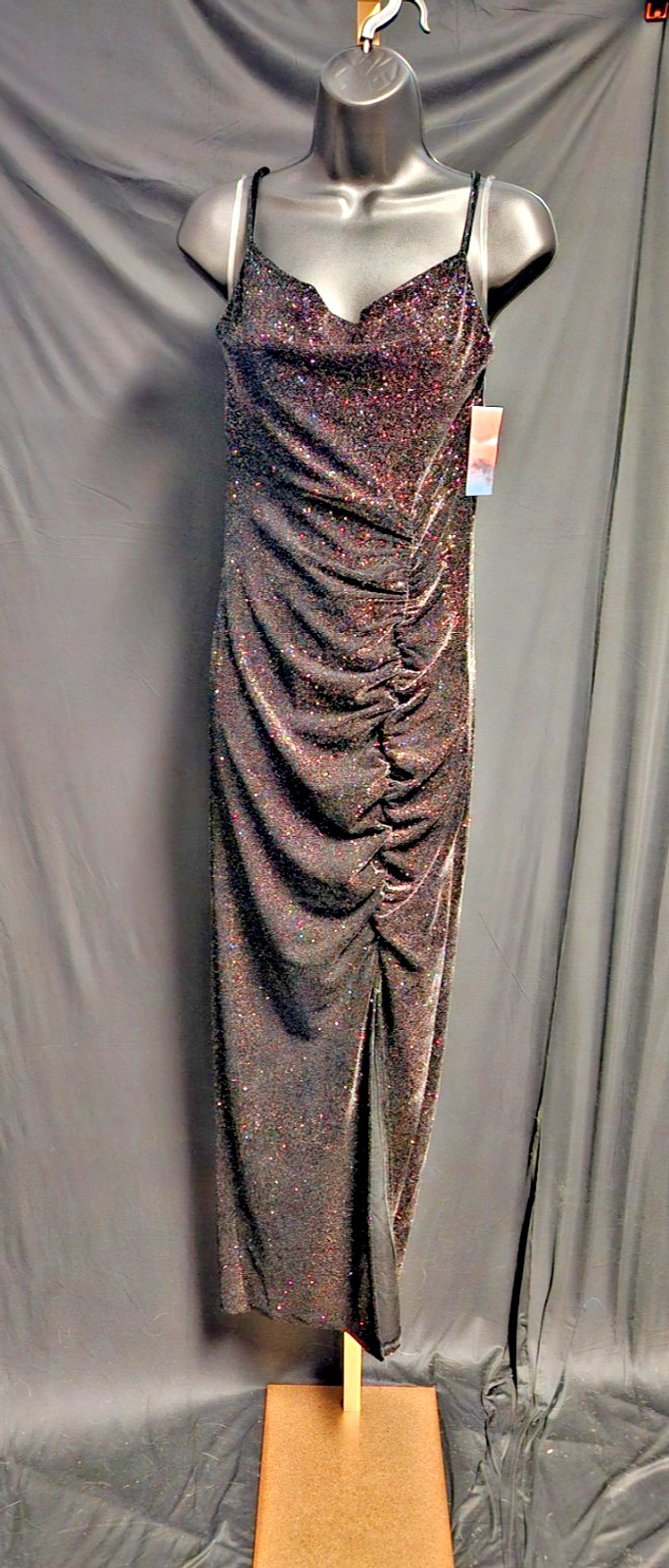 HALEY&JUNE SZ M LONG BLACK SEQUINED/RUCHED FRONT SLIT PULLOVER GOWN NWT