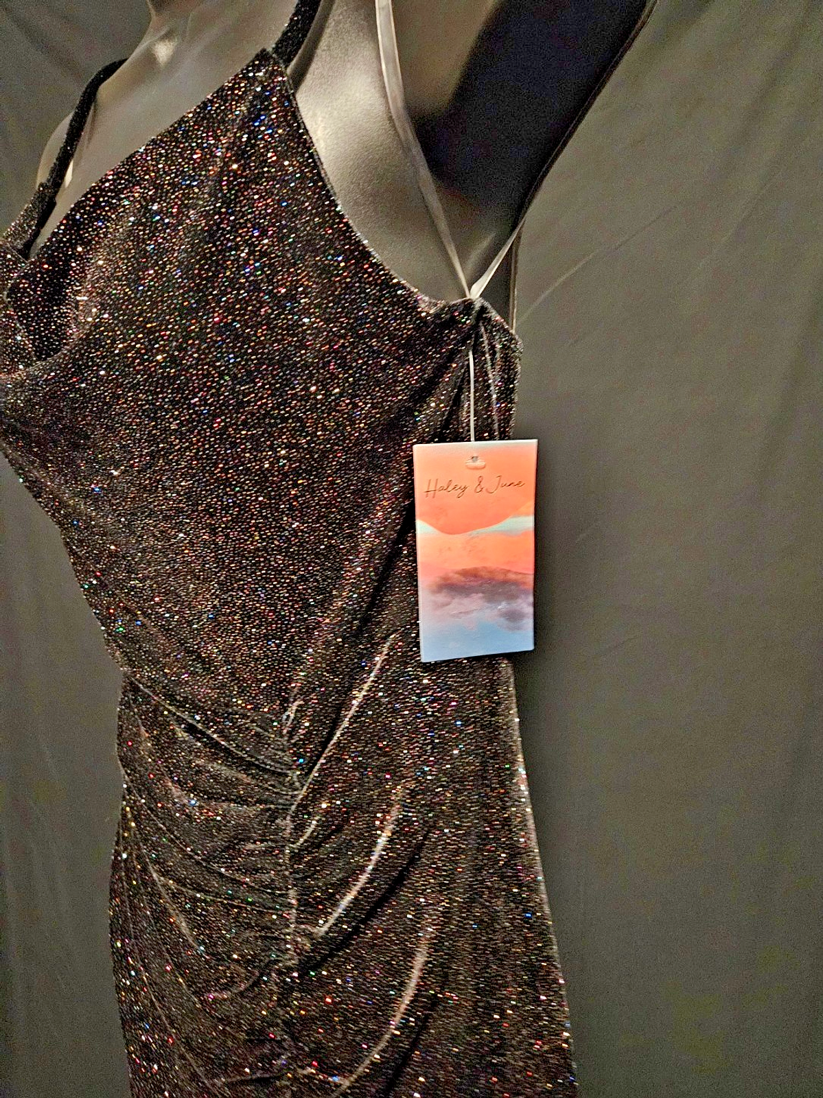 HALEY&JUNE SZ M LONG BLACK SEQUINED/RUCHED FRONT SLIT PULLOVER GOWN NWT