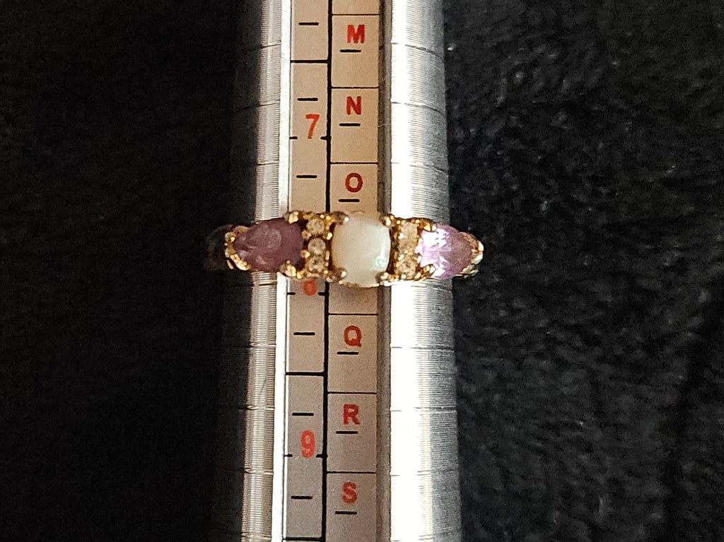 WOMEN'S SIZE 7 3/4 AMYTHEST, OPAL, CZ GOLD FILLED STERLING SILVER RING SOME WEAR