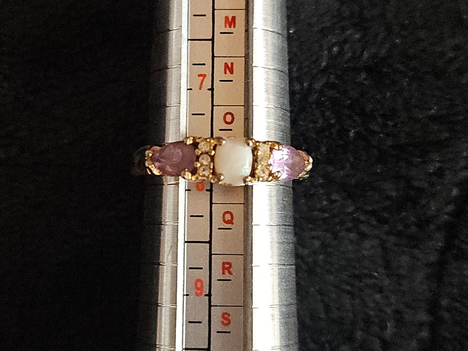 WOMEN'S SIZE 7 3/4 AMYTHEST, OPAL, CZ GOLD FILLED STERLING SILVER RING SOME WEAR
