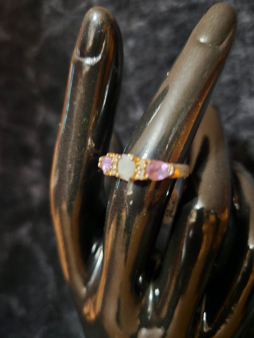 WOMEN'S SIZE 7 3/4 AMYTHEST, OPAL, CZ GOLD FILLED STERLING SILVER RING SOME WEAR