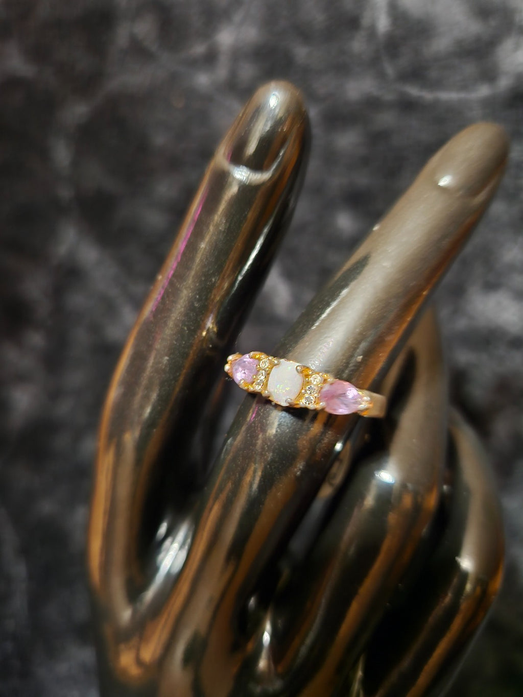 WOMEN'S SIZE 7 3/4 AMYTHEST, OPAL, CZ GOLD FILLED STERLING SILVER RING SOME WEAR