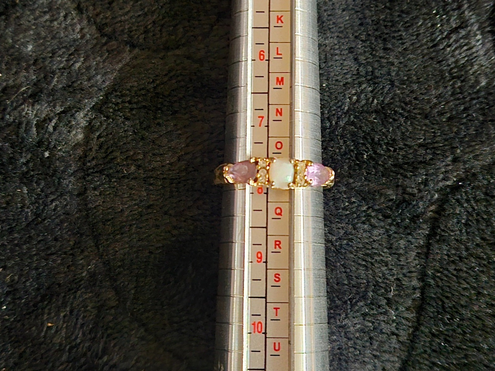 WOMEN'S SIZE 7 3/4 AMYTHEST, OPAL, CZ GOLD FILLED STERLING SILVER RING SOME WEAR