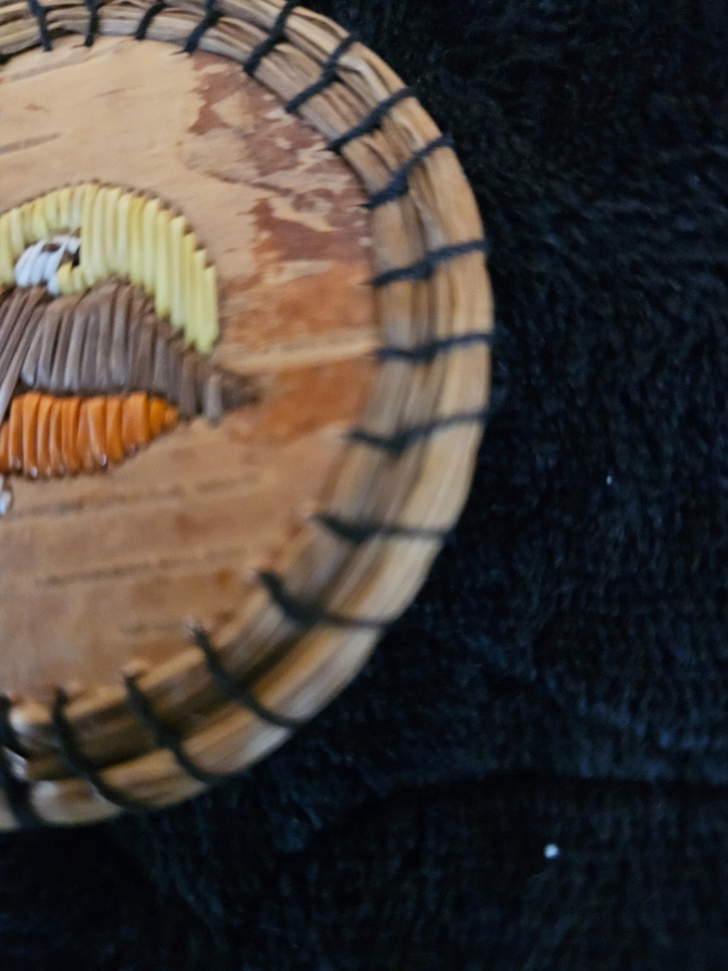 NATIVE AMERICAN ARTIST SIGNED ROUND BIRCHBARK, SWEETGRASS & PORCUPINE QUILL PIN