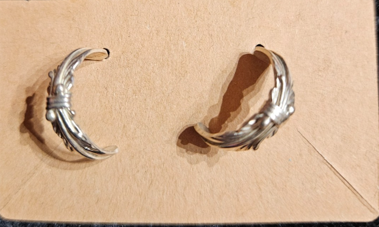 LG Signed Navajo Sterling Tooled Curved Feather Post Back Half Hoop Earrings