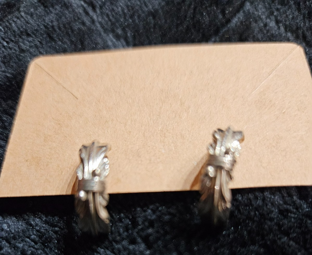 LG Signed Navajo Sterling Tooled Curved Feather Post Back Half Hoop Earrings