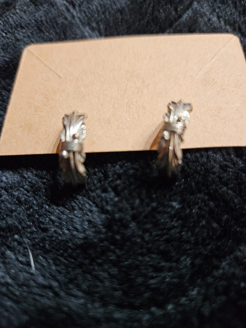 LG Signed Navajo Sterling Tooled Curved Feather Post Back Half Hoop Earrings