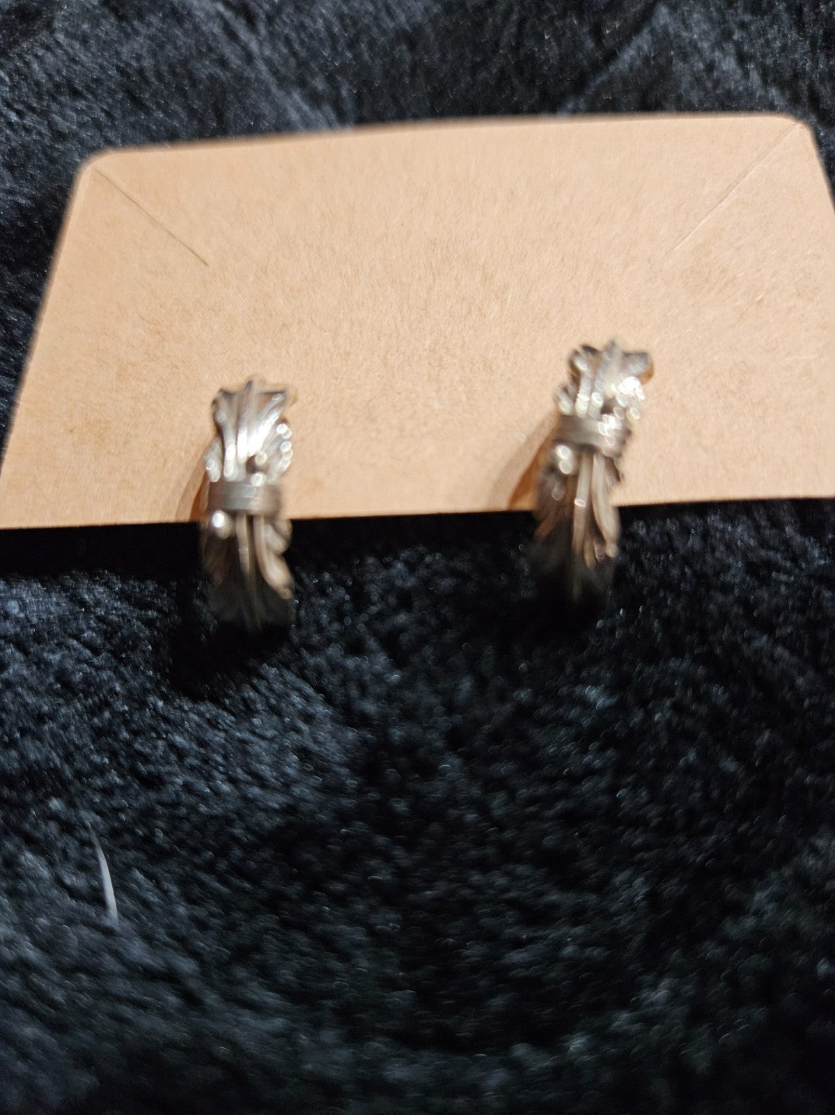 LG Signed Navajo Sterling Tooled Curved Feather Post Back Half Hoop Earrings