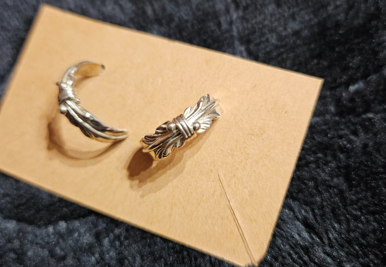 LG Signed Navajo Sterling Tooled Curved Feather Post Back Half Hoop Earrings