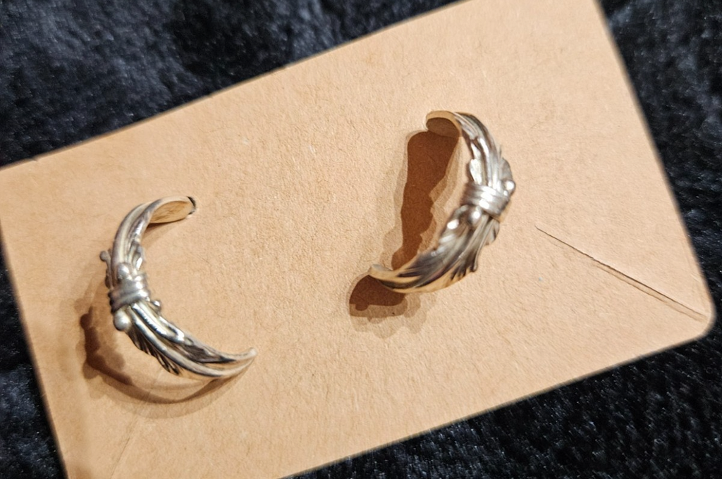 LG Signed Navajo Sterling Tooled Curved Feather Post Back Half Hoop Earrings