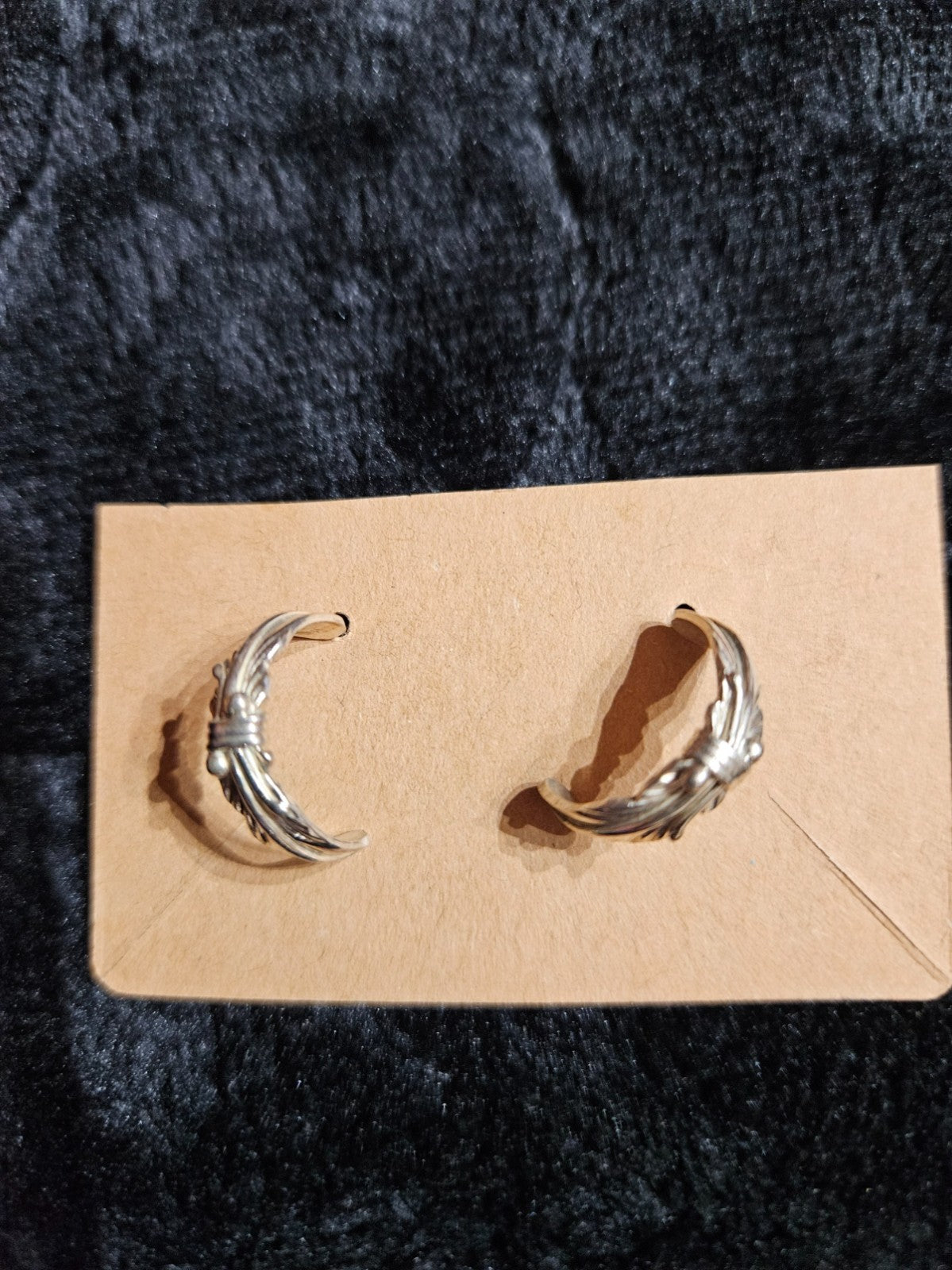 LG Signed Navajo Sterling Tooled Curved Feather Post Back Half Hoop Earrings