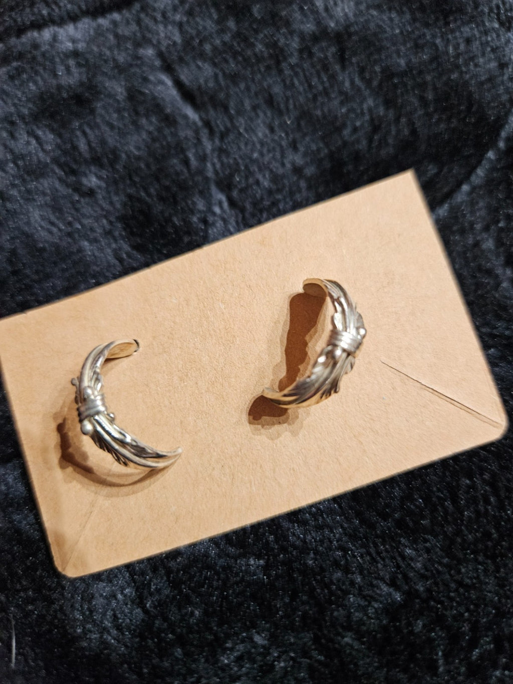 LG Signed Navajo Sterling Tooled Curved Feather Post Back Half Hoop Earrings