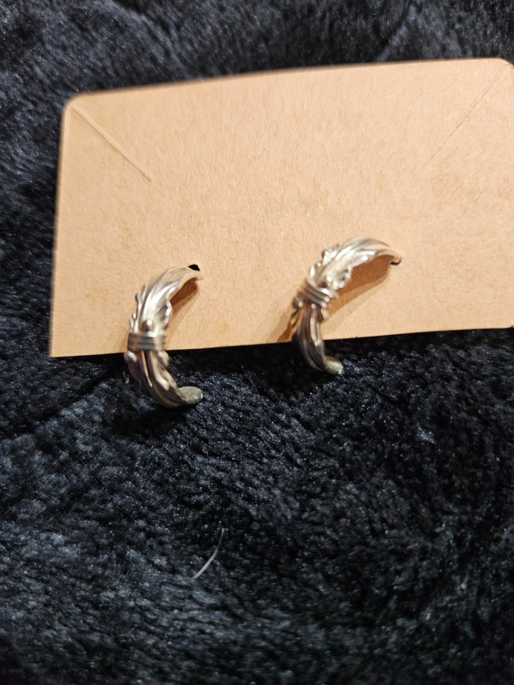 LG Signed Navajo Sterling Tooled Curved Feather Post Back Half Hoop Earrings