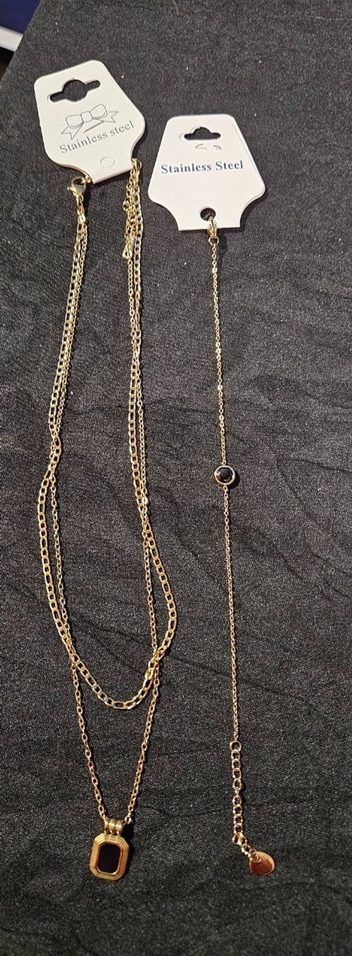 10K YELLOW GOLD PLATE OVER STAINLESS STEEL SIMULATED BLK ONYX SET