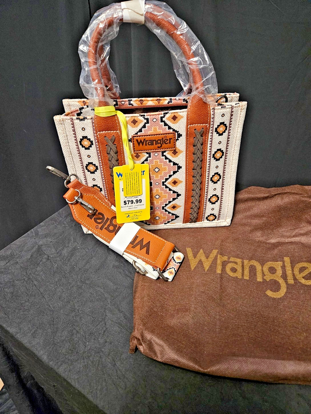 WRANGLER SOUTHWESTERN  CANVAS SMALL CROSSBODY TOTE WHIPSTITCH GUITAR STRAP NWT