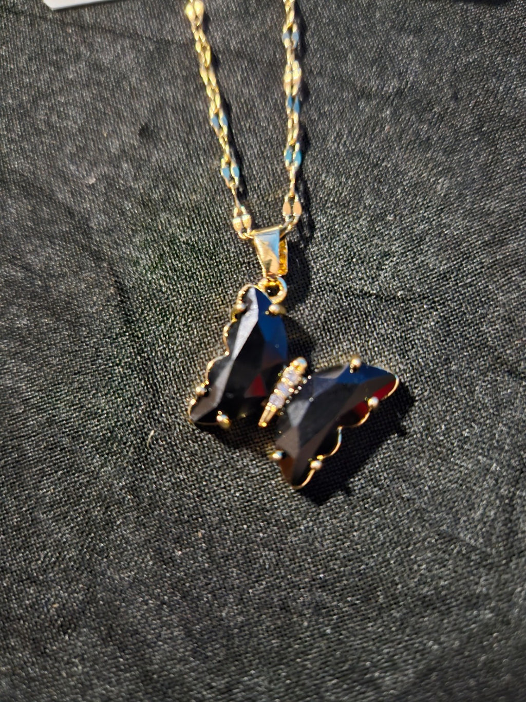 10KGOLD PLATE OVER STAINLESS STEEL BLACK BUTTERFLY NECKLACE/BRACELET SET