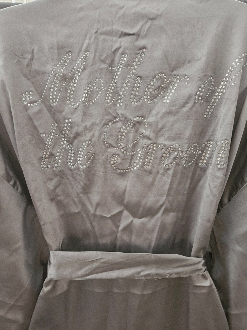 TURQUAZ LG GRAY SATIN/ RHINESTONE MOTHER OF THE GROOM ROBE & BRIDE TRIBE CUP NWT