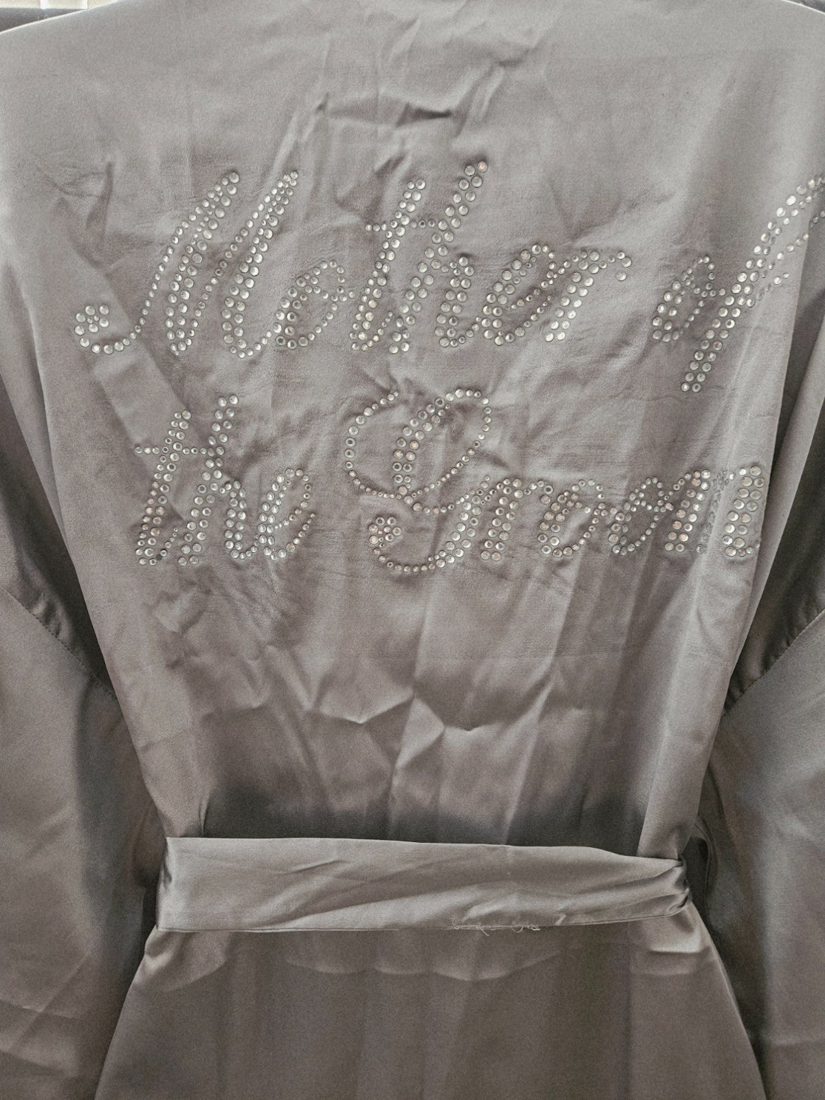 TURQUAZ LG GRAY SATIN/ RHINESTONE MOTHER OF THE GROOM ROBE & BRIDE TRIBE CUP NWT