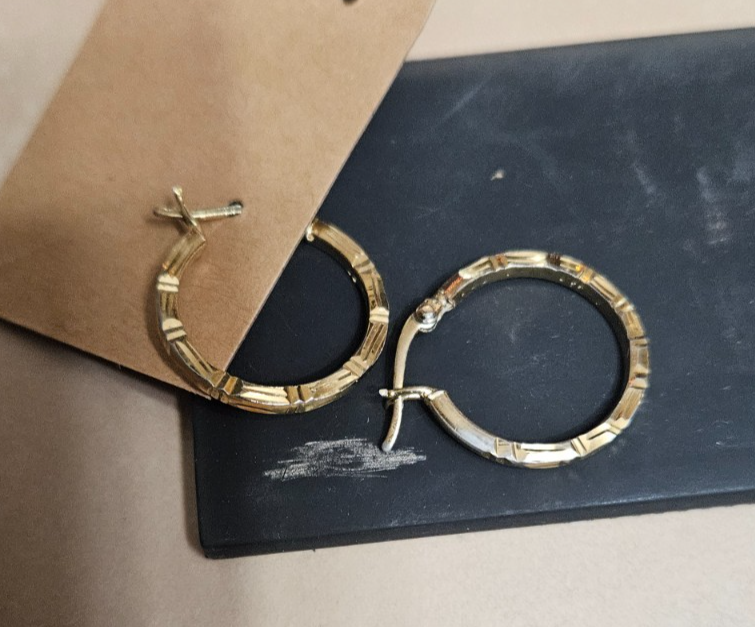 10K YELLOW GOLD BAMBOO STYLE 3/4 inch dia. HOOP EARRINGS PRE-OWNED