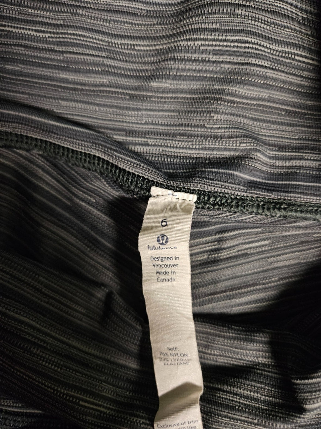 LULULEMON SIZE 6  HEATHERED BLACK/WHITE STRIPED HIGH WAISTED LEGGINGS