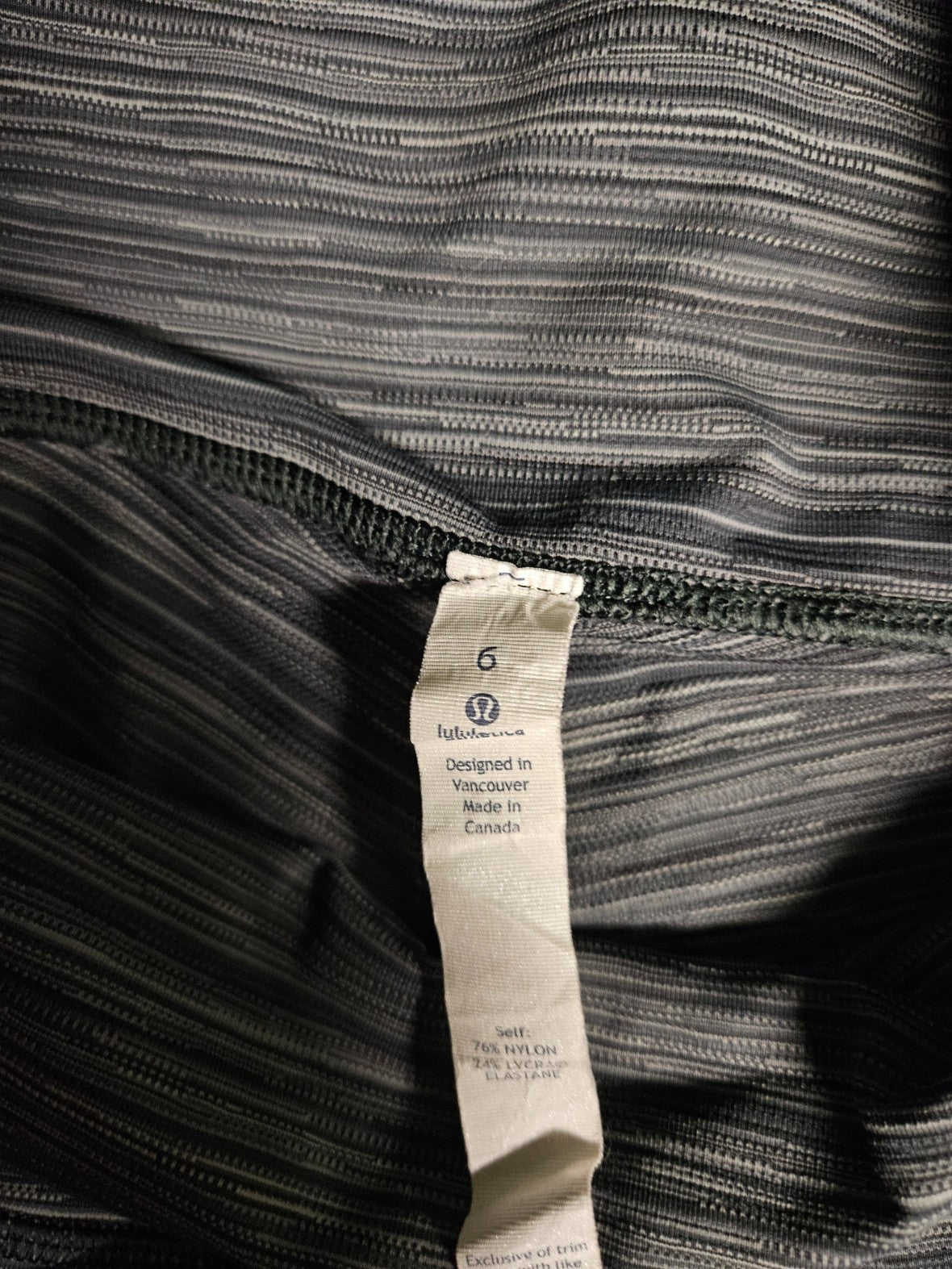 LULULEMON SIZE 6  HEATHERED BLACK/WHITE STRIPED HIGH WAISTED LEGGINGS