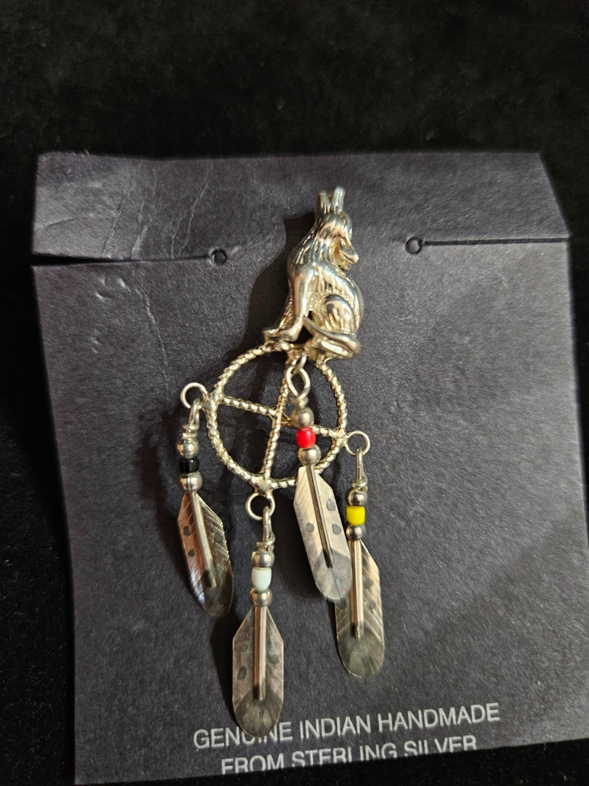 NATIVE AMERICAN HANDMADE STERLING WOLF/4 DIRECTION COLORED PIN BY KURT MOHAWK