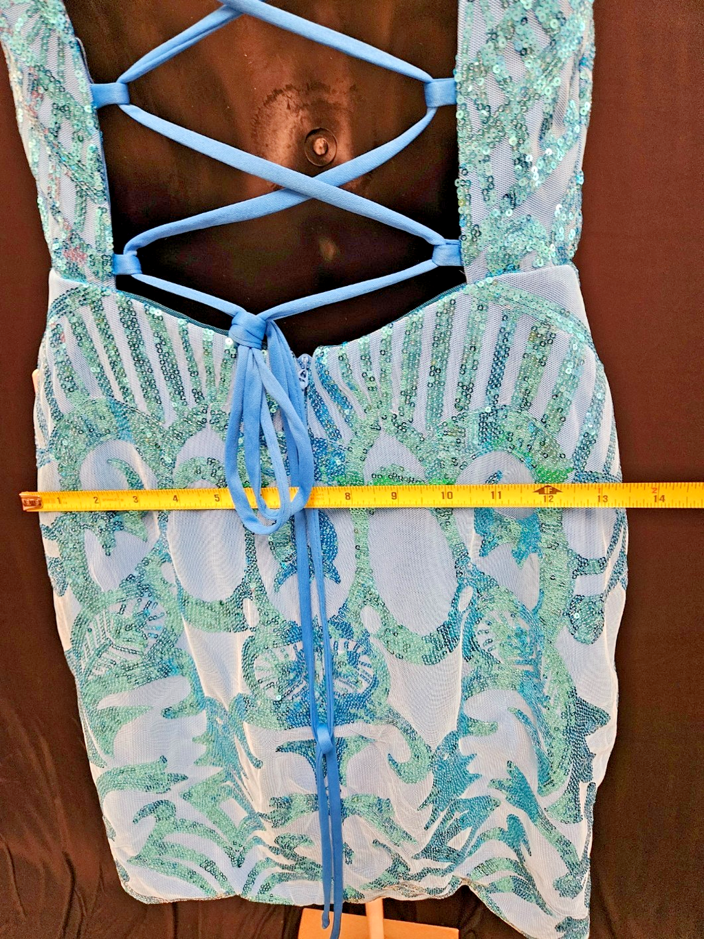 FAERIESTY SIZE SMALL BLUE SEQUINED FORMAL STRAPPY CORSET/ZIP MINI DRESS NWT
