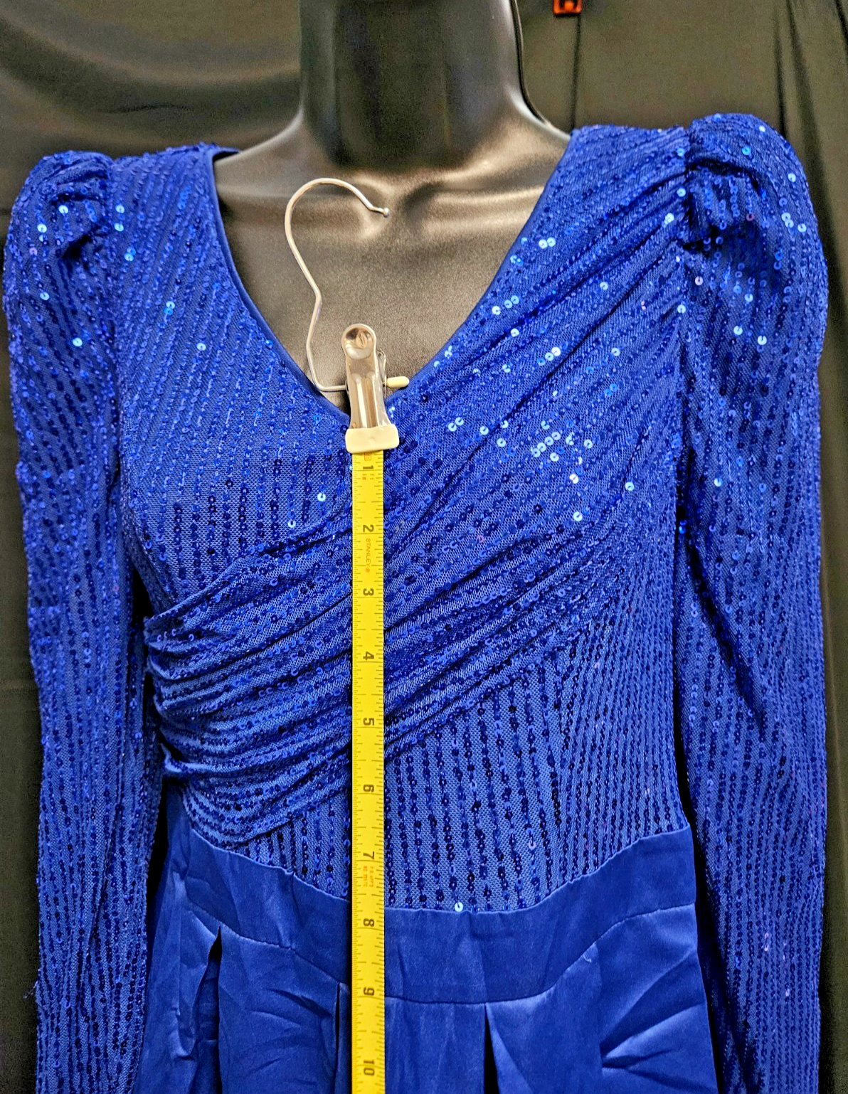 WOMEN'S SZ SM LONG SLEEVE DK BLUE, SEQUINE,ROUCHED,FULLSKIRT EVENING GOWN NWOT