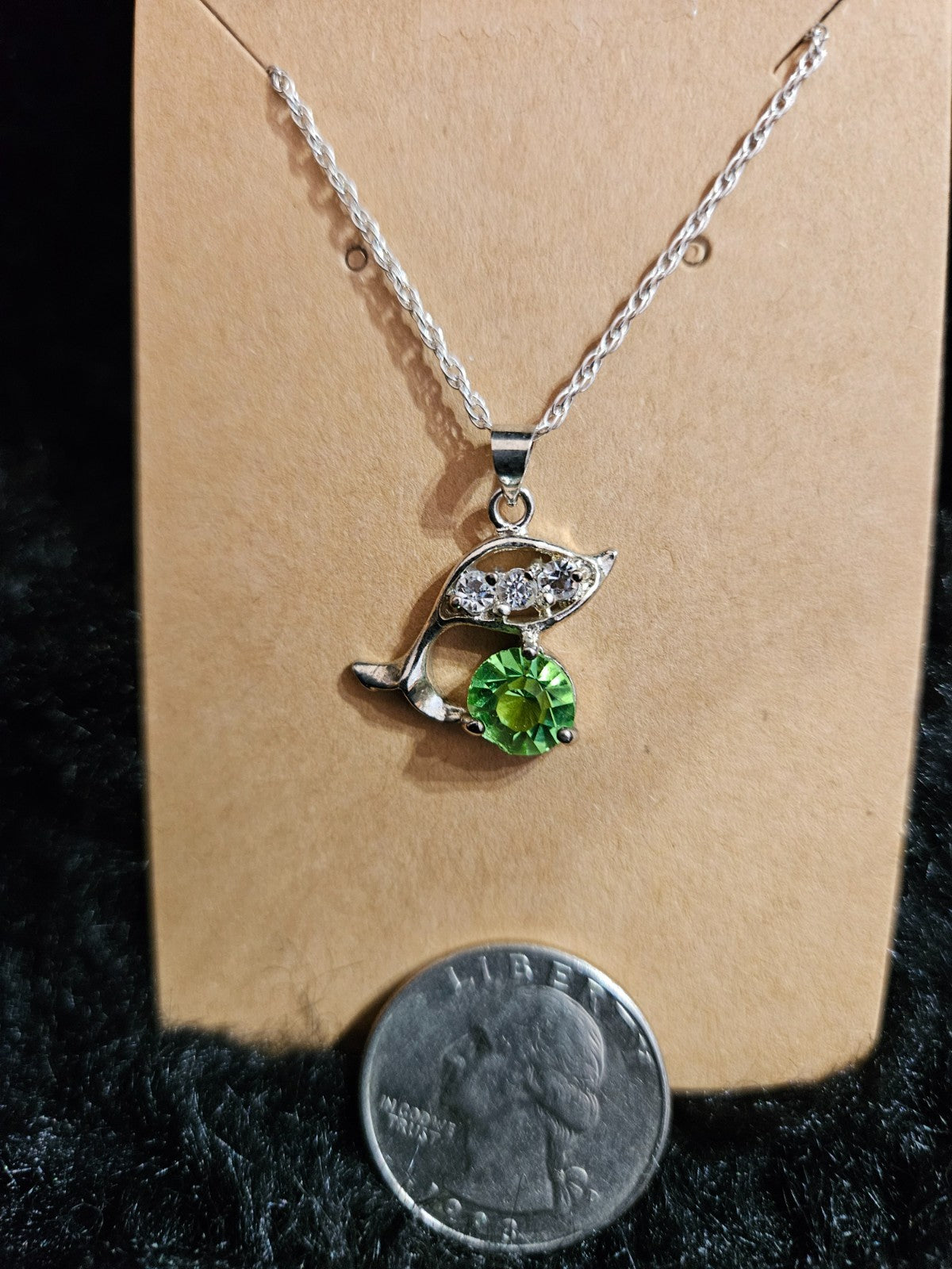 STERLING SILVER PERIDOT & CUBIC ZIRCONIA DOLPHIN BIRTHSTONE NECKLACE NWOT