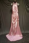 SIZE 14 LAVENDAR/PINK SATIN RUCHED CORSET HALTER FORMAL GOWN LONG TRAIN NWOT