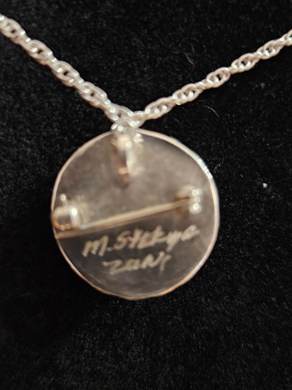 NATIVE AMERICAN ZUNI MADE STERLING PIN/PENDANT & CHAIN SIGNED BY ARTIST