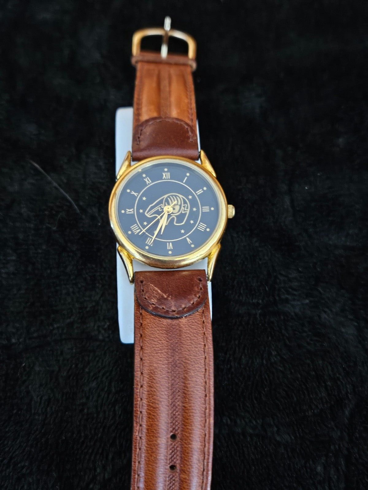 UNISEX VINTAGE TRIBAL ART-INSPIRED GOLD TONE WATCH LEATHER BAND BEAR DESIGN