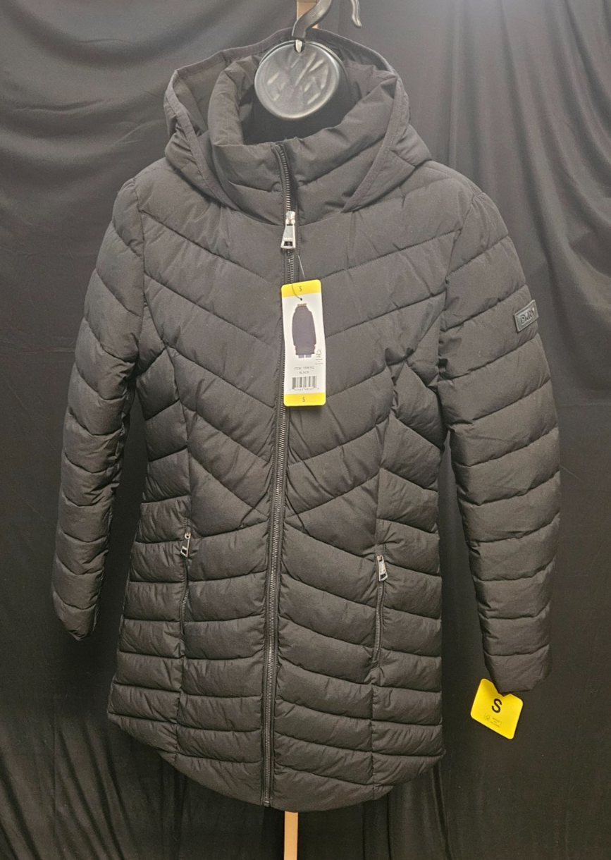 DKNY BLACK WOMEN'S DETACHABLE HOOD LONG PUFFER JACKET SZ S NWT