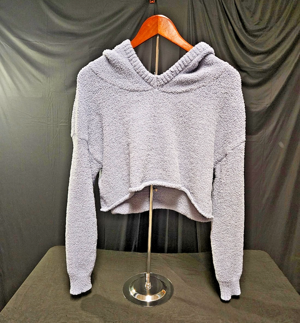 WOMEN'S FITS SIZE 8 LAVENDAR/GRAY CHUNKY FLEECE PULLOVER CROP HOODIE RELAXED FIT