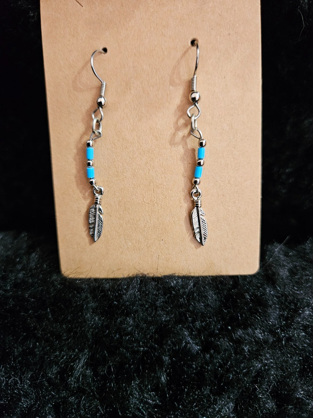 SMALL TURQUOISE BEAD/ STAINLESS STEEL FEATHER EARRINGS NWOT