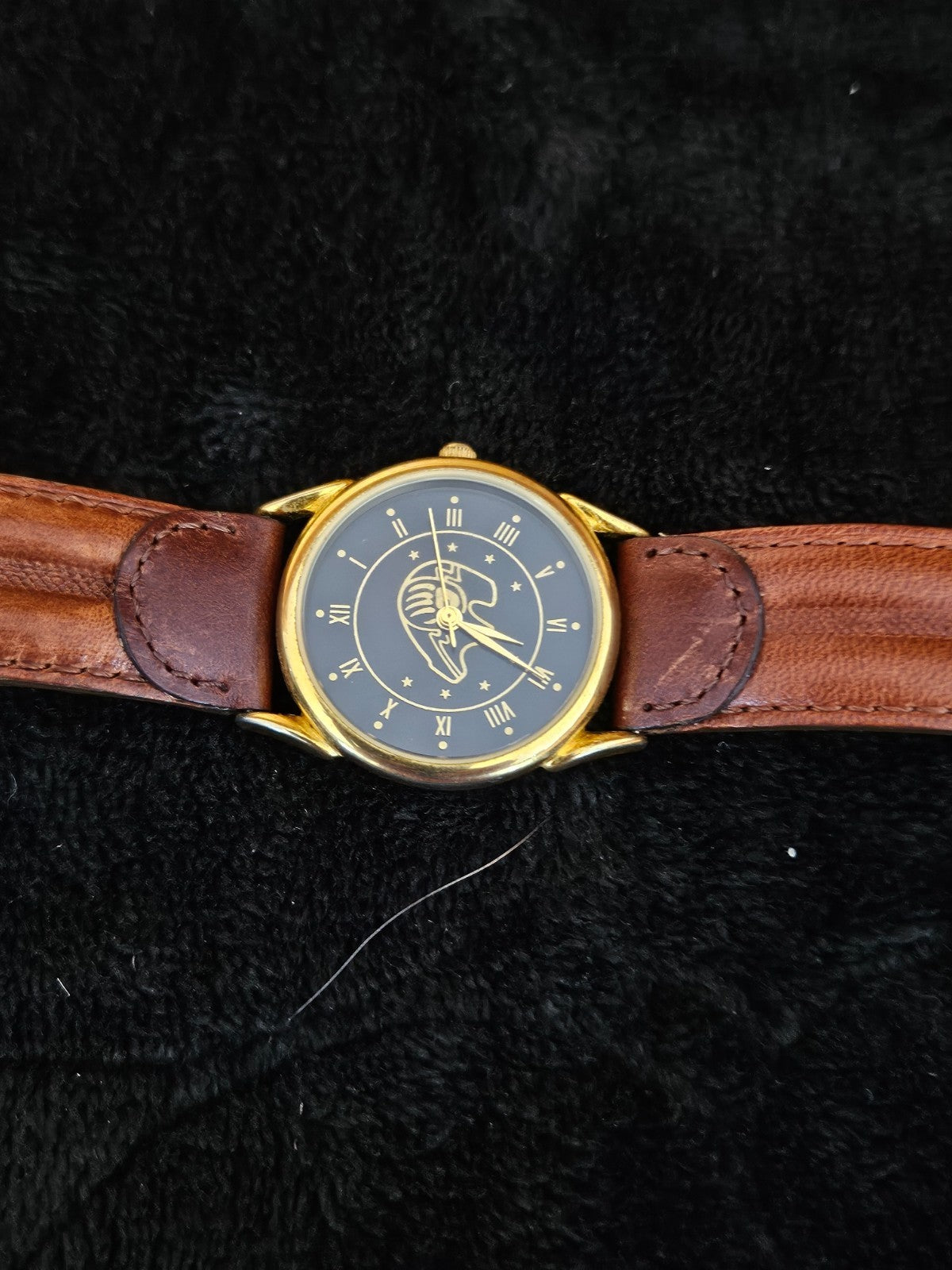 UNISEX VINTAGE TRIBAL ART-INSPIRED GOLD TONE WATCH LEATHER BAND BEAR DESIGN