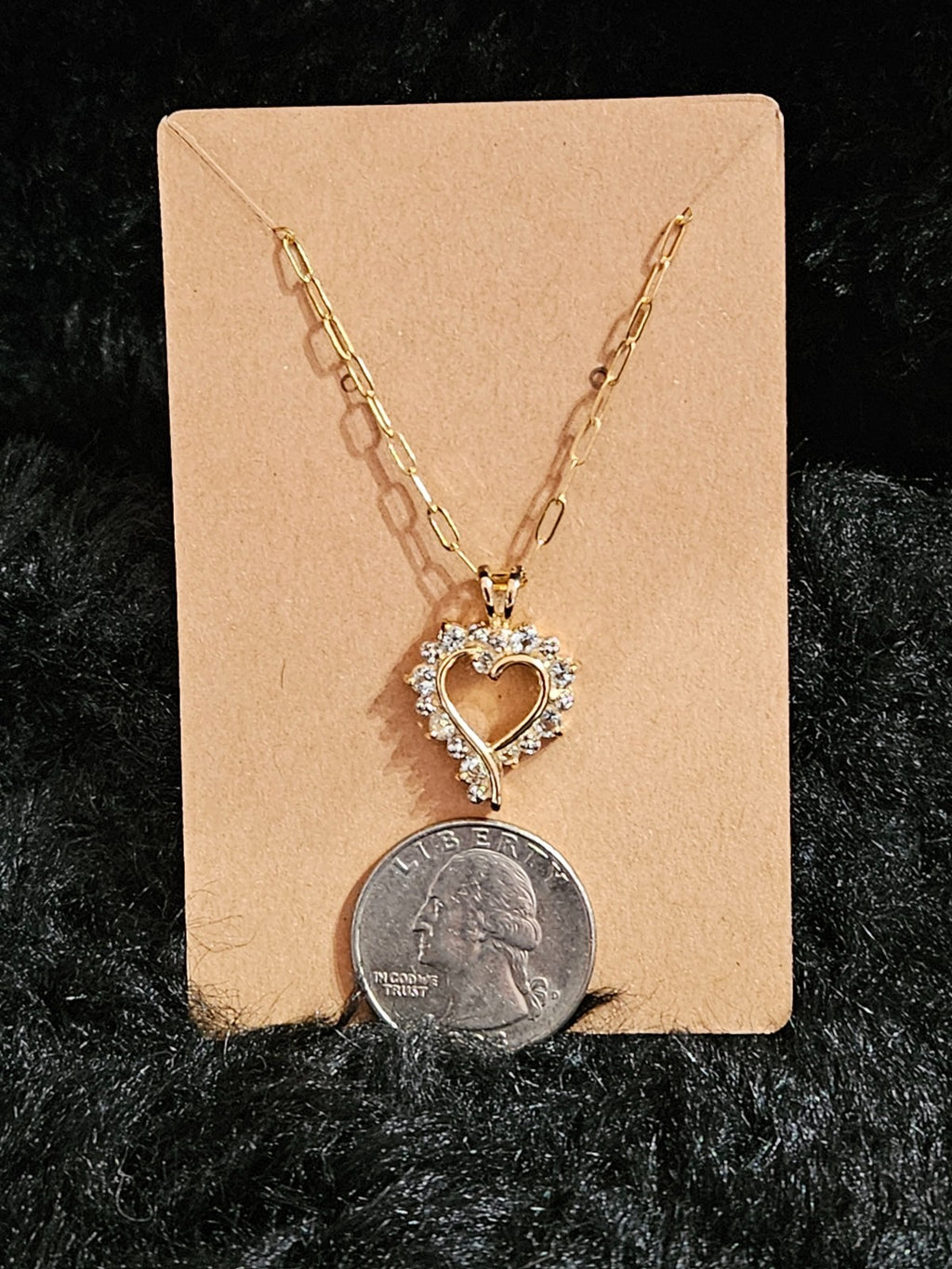 10K GOLD FILL / STERLING SILVER CUBIC ZIRCONIA HEART PENDANT & PAPERCLIP CHAIN