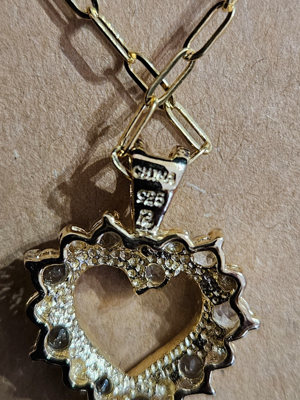 10K GOLD FILL / STERLING SILVER CUBIC ZIRCONIA HEART PENDANT & PAPERCLIP CHAIN