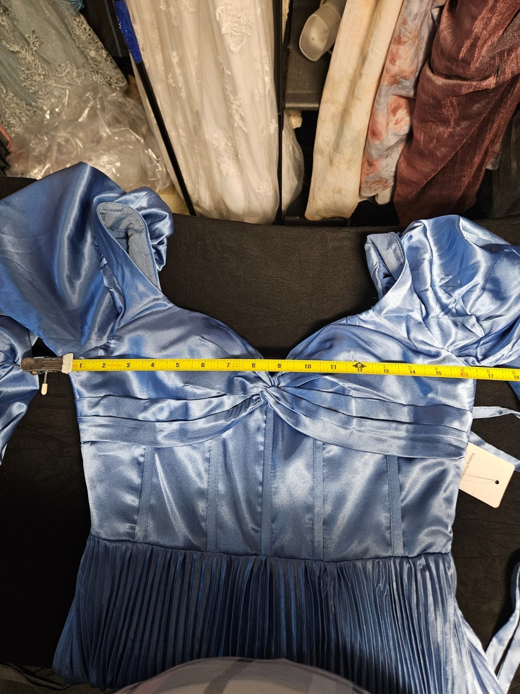 FAERIESTY LONG SLEEVE CORSET/ZIP BACK SIZE SMALL BLUE SATIN PLEATED GOWN NWT