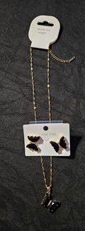 10KGOLD PLATE OVER STAINLESS STEEL BLACK BUTTERFLY NECKLACE/BRACELET SET