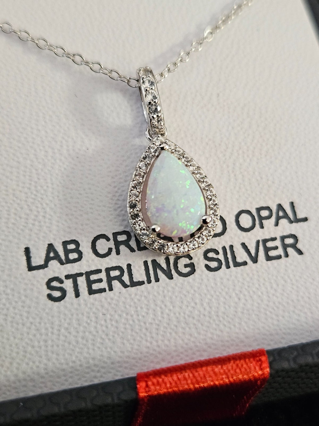 WOMENS LAB CREATED WHITE OPAL STERLING SILVER PEAR 18in. PENDANT/NECKLACE