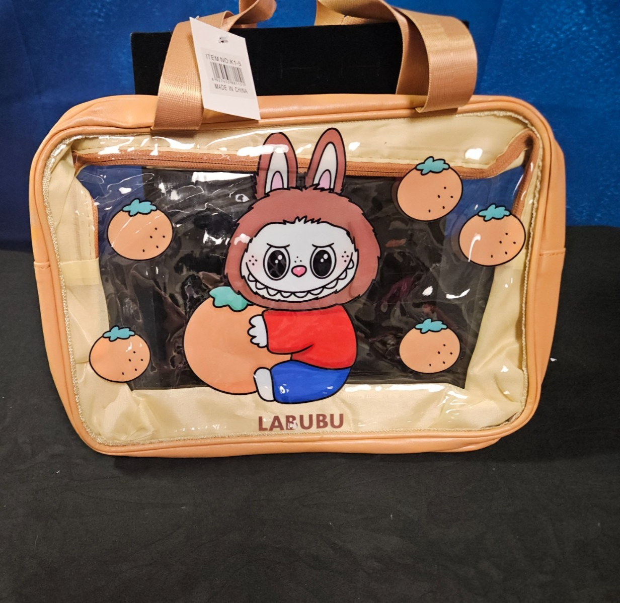 MAKE UP BAG LARGE TAN LABUBU CLEAR LABUBU 9 X 13X4