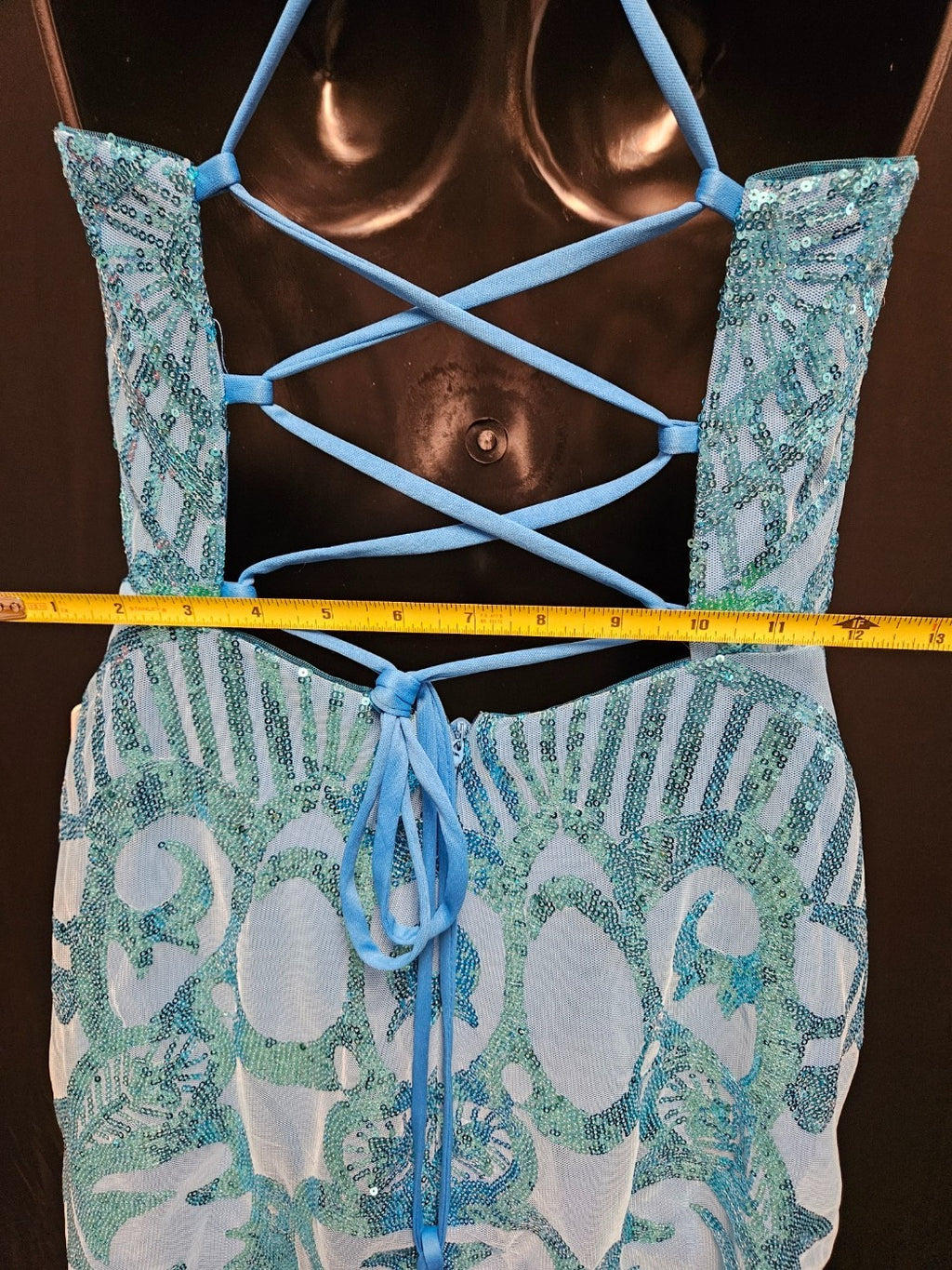 FAERIESTY SIZE SMALL BLUE SEQUINED FORMAL STRAPPY CORSET/ZIP MINI DRESS NWT