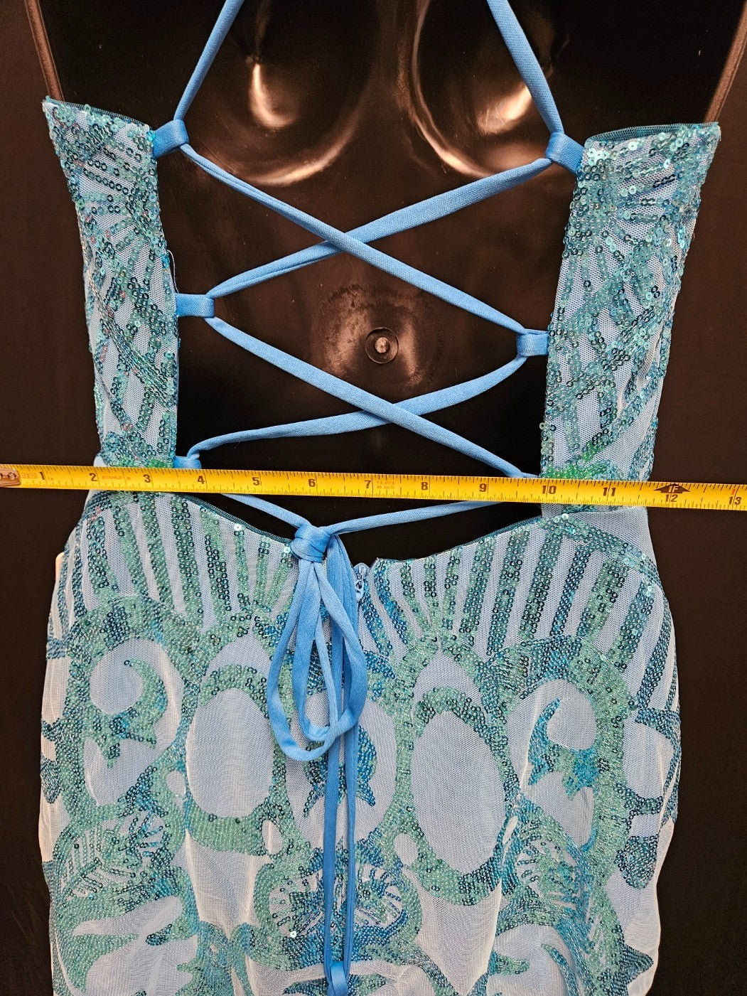 FAERIESTY SIZE SMALL BLUE SEQUINED FORMAL STRAPPY CORSET/ZIP MINI DRESS NWT