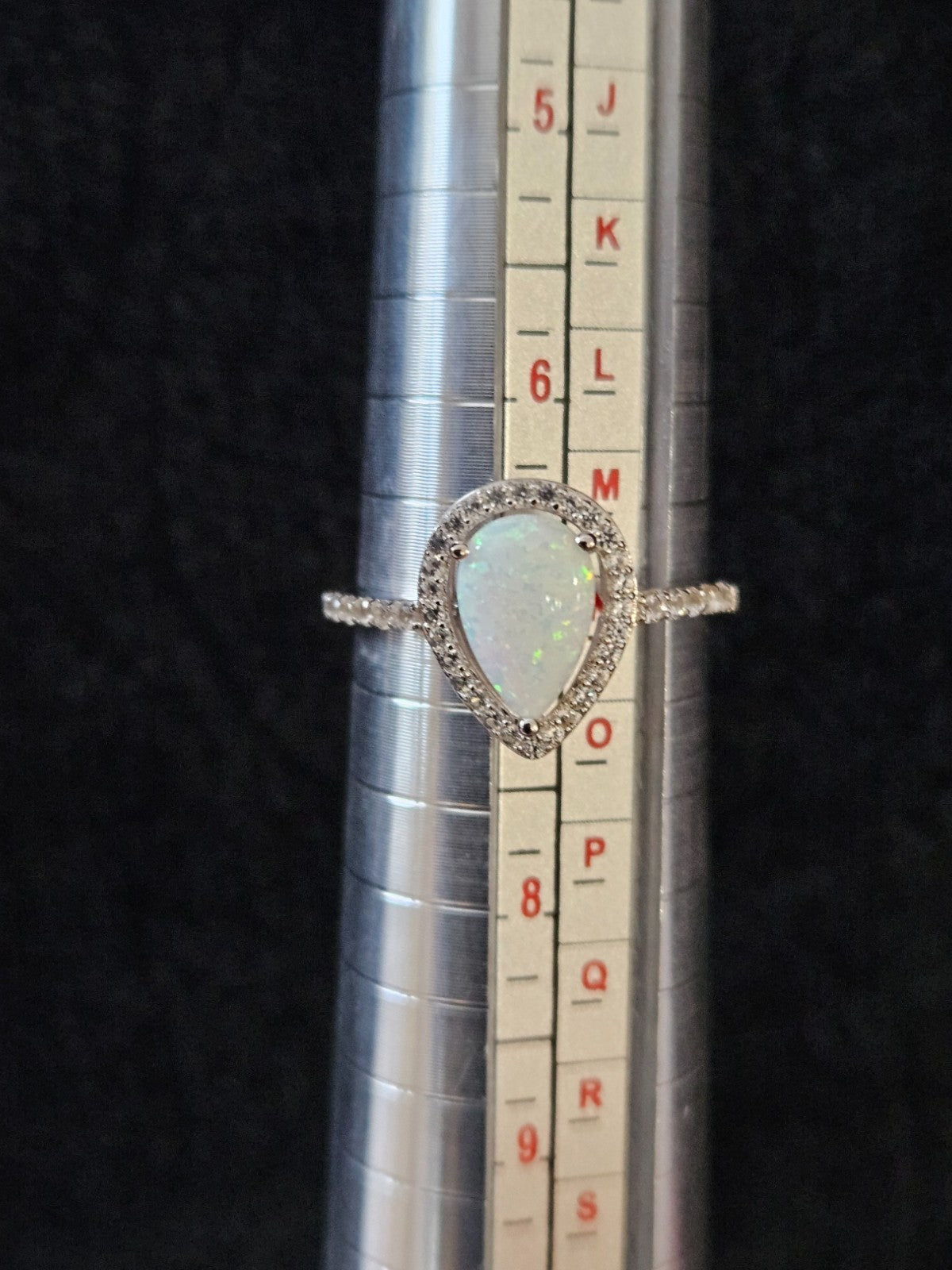 Womens Lab Created White Opal Sterling Silver Pear Halo Cocktail Ring Size 7