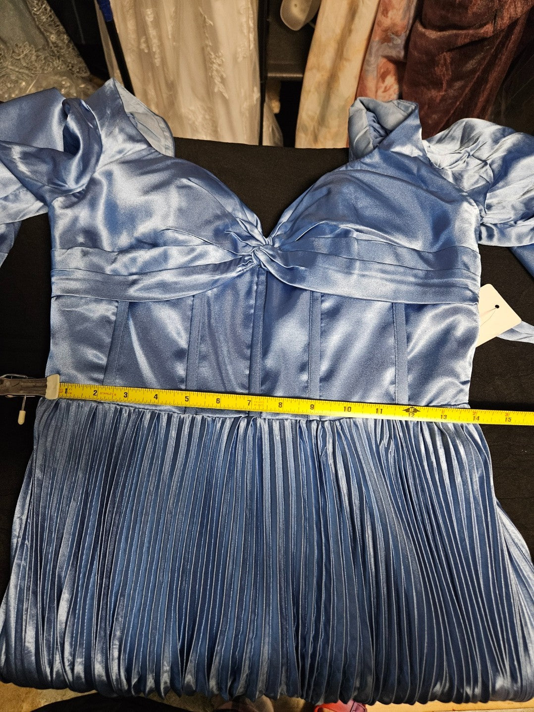 FAERIESTY LONG SLEEVE CORSET/ZIP BACK SIZE SMALL BLUE SATIN PLEATED GOWN NWT
