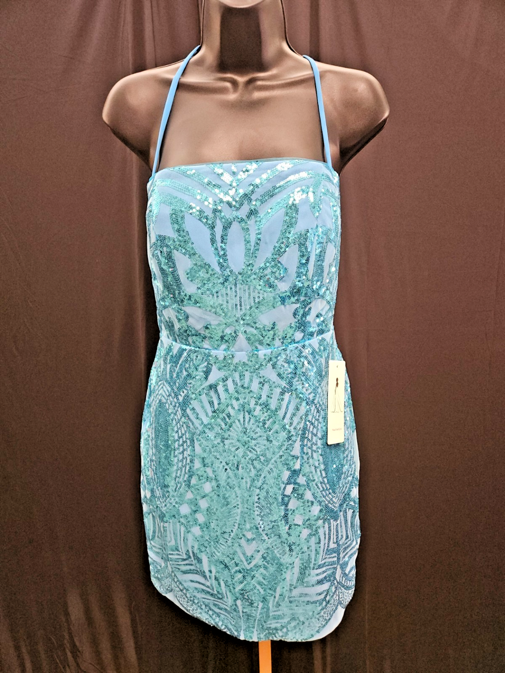 FAERIESTY SIZE SMALL BLUE SEQUINED FORMAL STRAPPY CORSET/ZIP MINI DRESS NWT