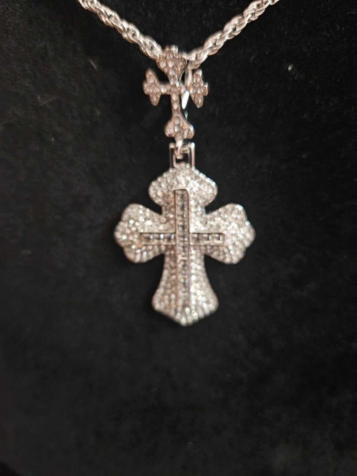 STERLING SILVER  PLATED STAINLESS STEEL CZ CROSS NECKLACE 24 in CHAIN