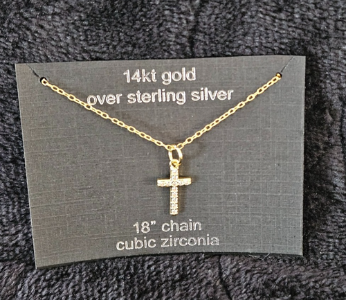 14K YELLOW GOLD OVER SILVER CUBIC ZIRCONIA CROSS PENDANT & 18in. NECKLACE